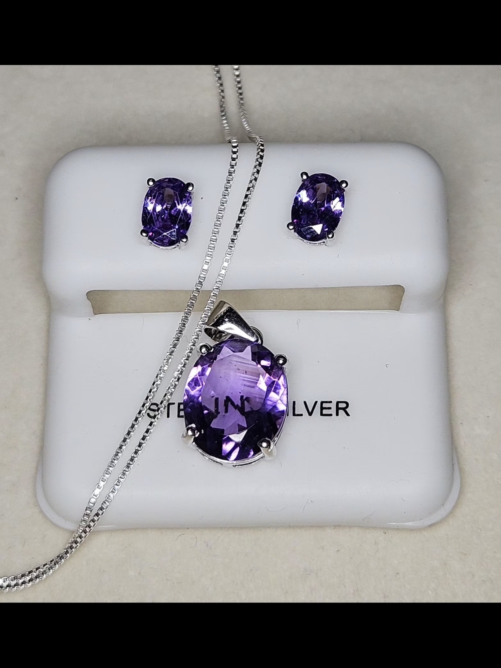 Purple Amethyst Teardrop Pendant & Stud Earrings Set With 925 Italian Box Chain - Picture 4 of 4